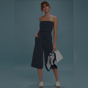 Lulus Saltwater and Sun Navy Blue Striped Strapless Midi Jumpsuit